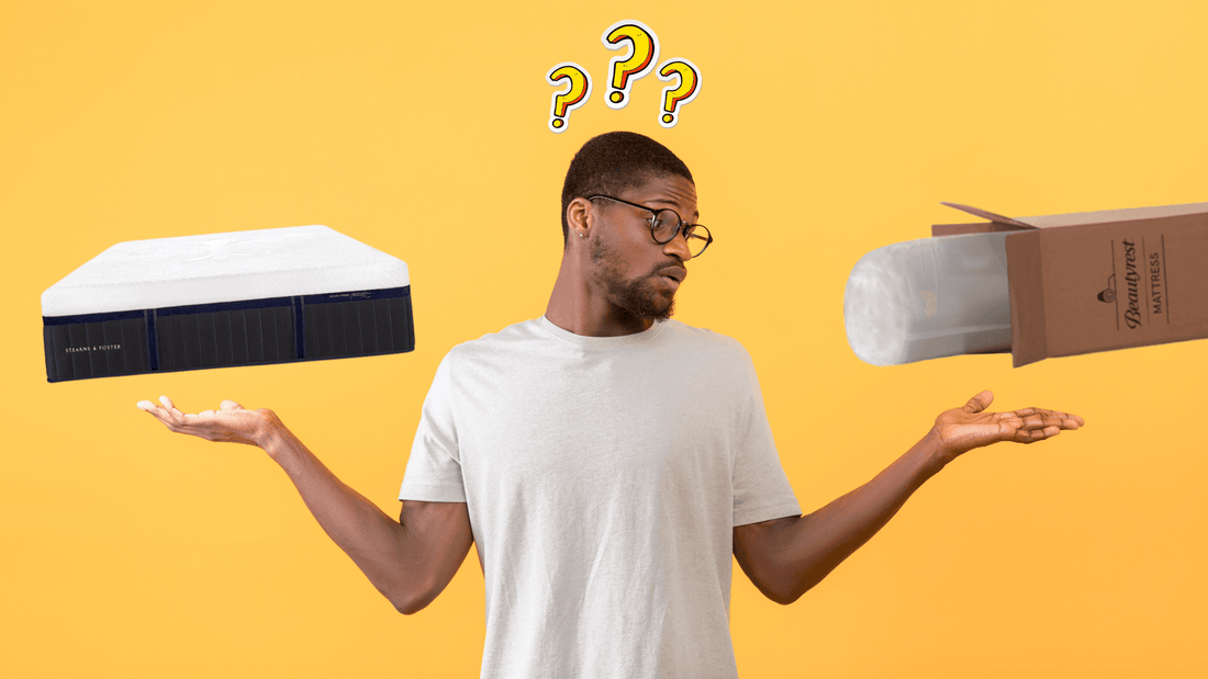man standing with his holding his hands up trying to decide between a traditional mattress vs bed in a box pictured on either side of him