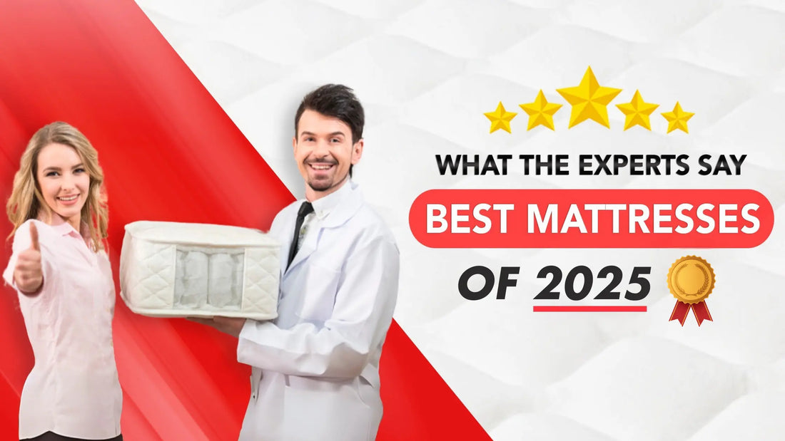 Best Mattresses of 2025, man and woman are standing while holding a demo mattress pocket coil, the woman has a thumbs up. Both are smiling