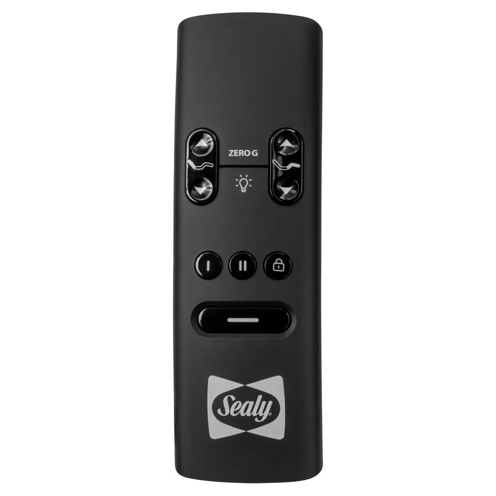 Black remote control with Sealy logo on a white background