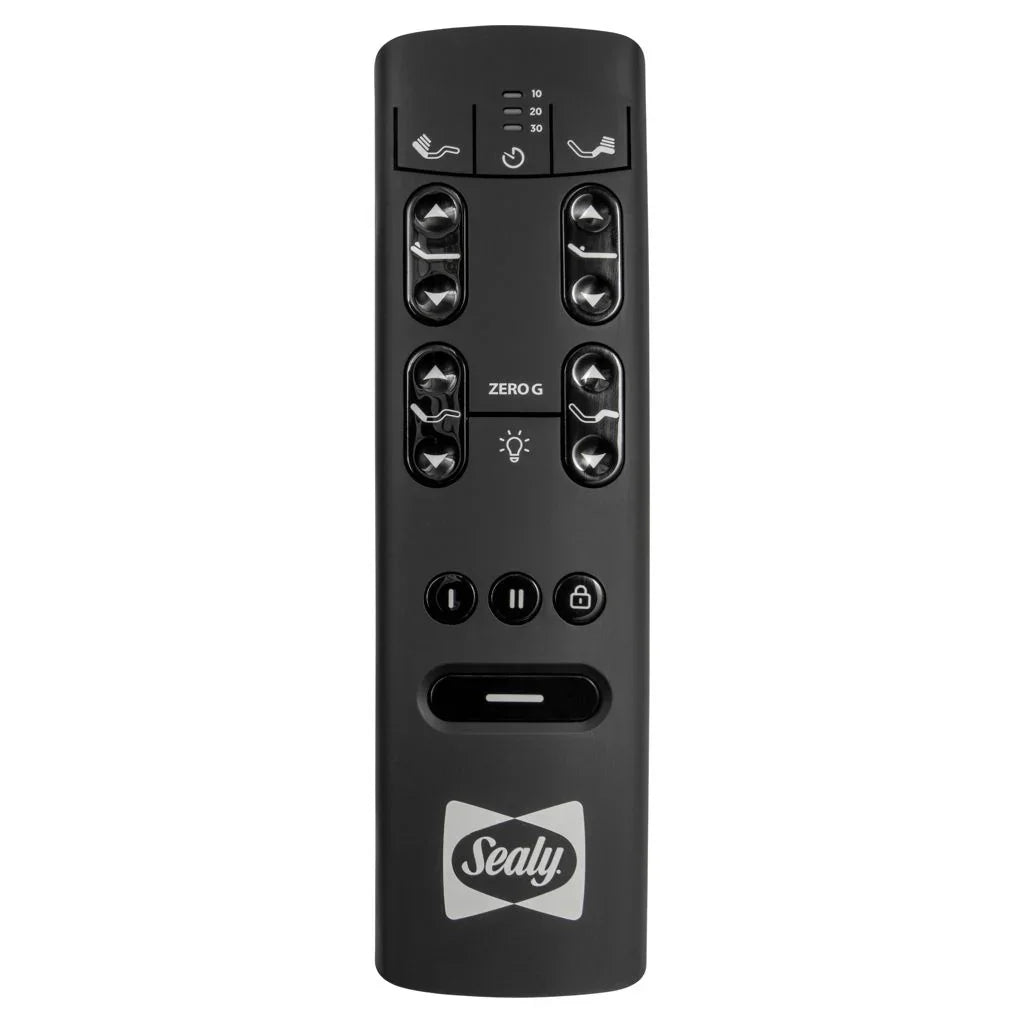 Sealy Reflexion Ultra Black remote control with Sealy logo on a white background