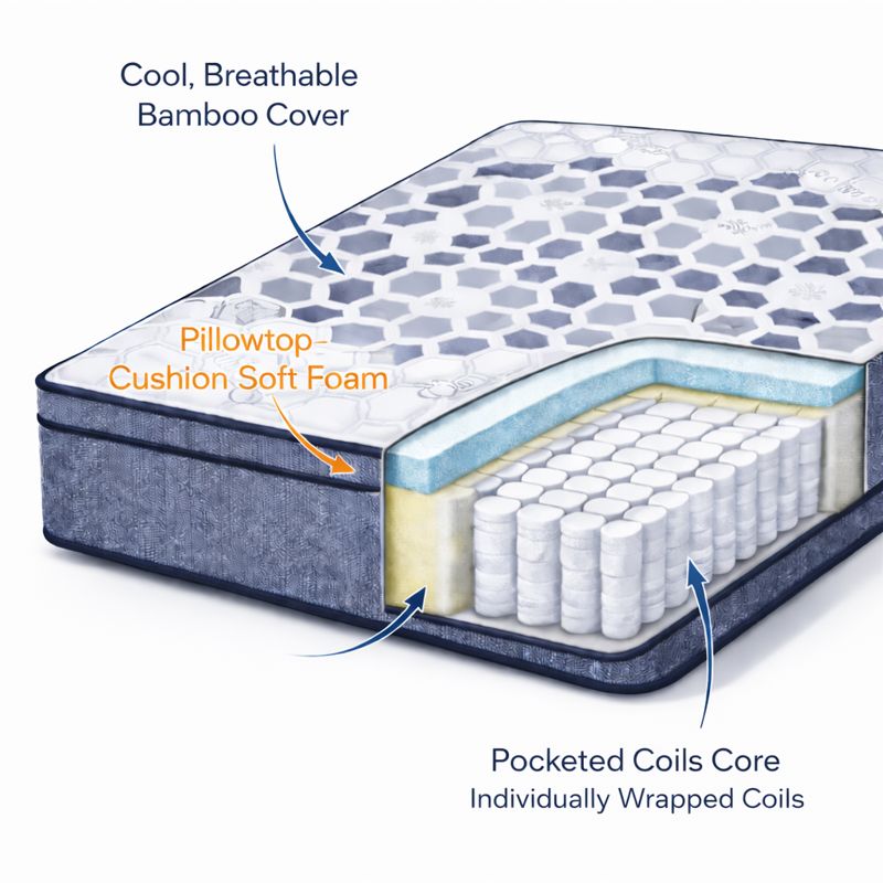 Spinecare Euro Top Pocket Coil Mattress cutaway featuring Euro top comfort, pocket coils, and bamboo cover.