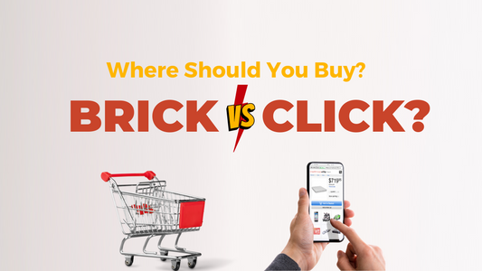 brick vs click where should you but? Hands holding phone buying a mattress next to shopping cart