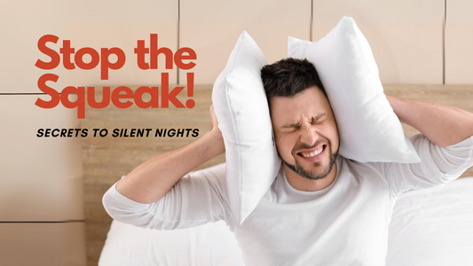 stop the squeak, secrets to silent nights. man holding 2 pillows between his head