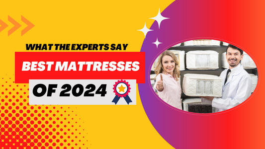 Best Mattresses of 2024, man and woman are standing while holding a demo mattress pocket coil, the woman has a thumbs up. Both are smiling