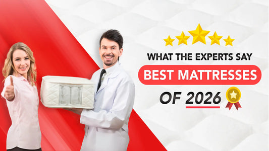 Two people holding a mattress with text about the best mattresses of 2026 on a red and white background.