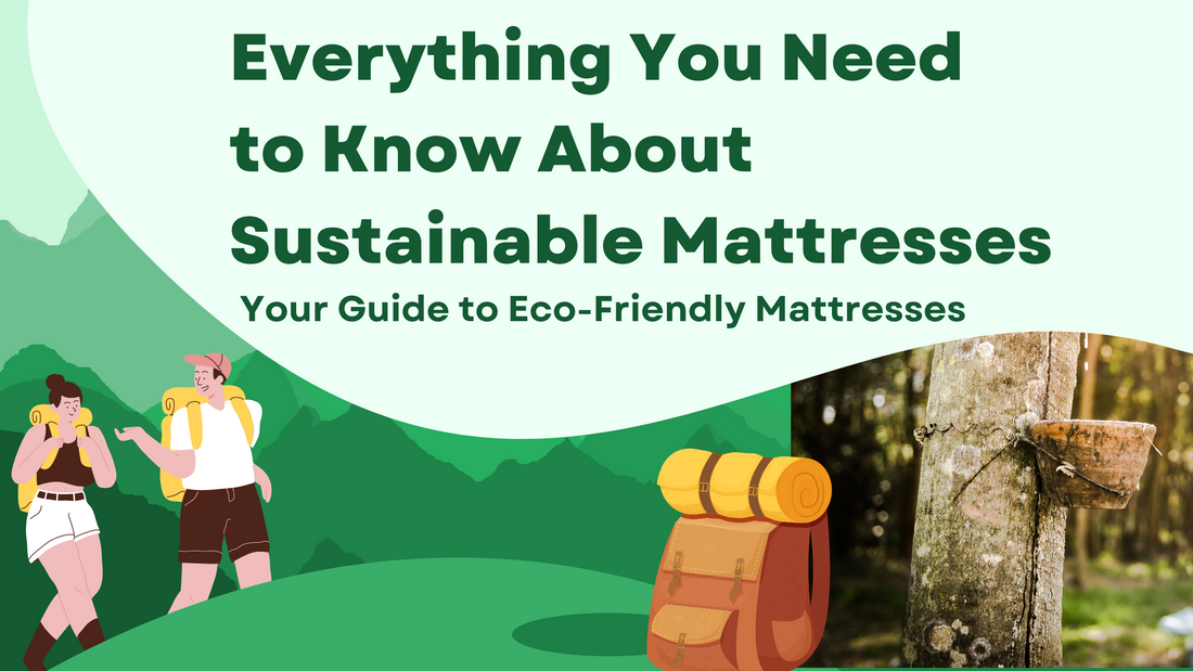 animated man and woman hiking towards backpack leaning against latex harvesting vessel attached to latex rubber tree. Everything you need to know about sustainable mattresses, your guide to eco-friendly mattresses