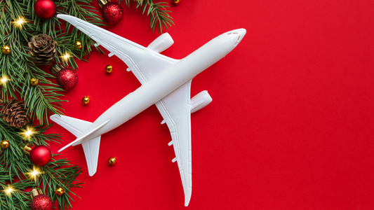 a model airplane on a red background with green Christmas tree on the left. Holiday travel guide
