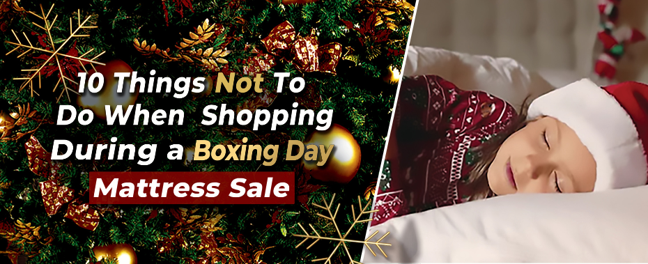 A boy sleeping on his side wearing a santa hat. 10 things not to do when shopping during a boxing day mattress sale, boxing day mattress sale 2024