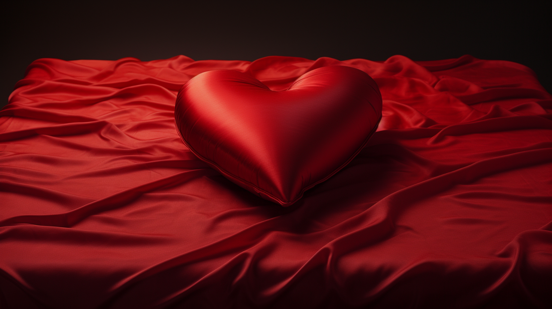 a mattress with red silk sheets, and a big red heart shaped silk pillow in the middle