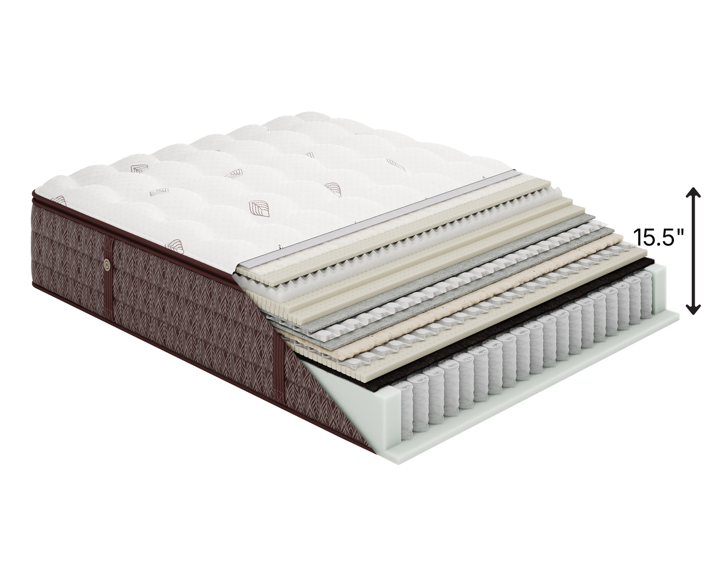 Aireloom Luxetop m2+ Plush Mattress Layers and mattress height of 15.5 inches.