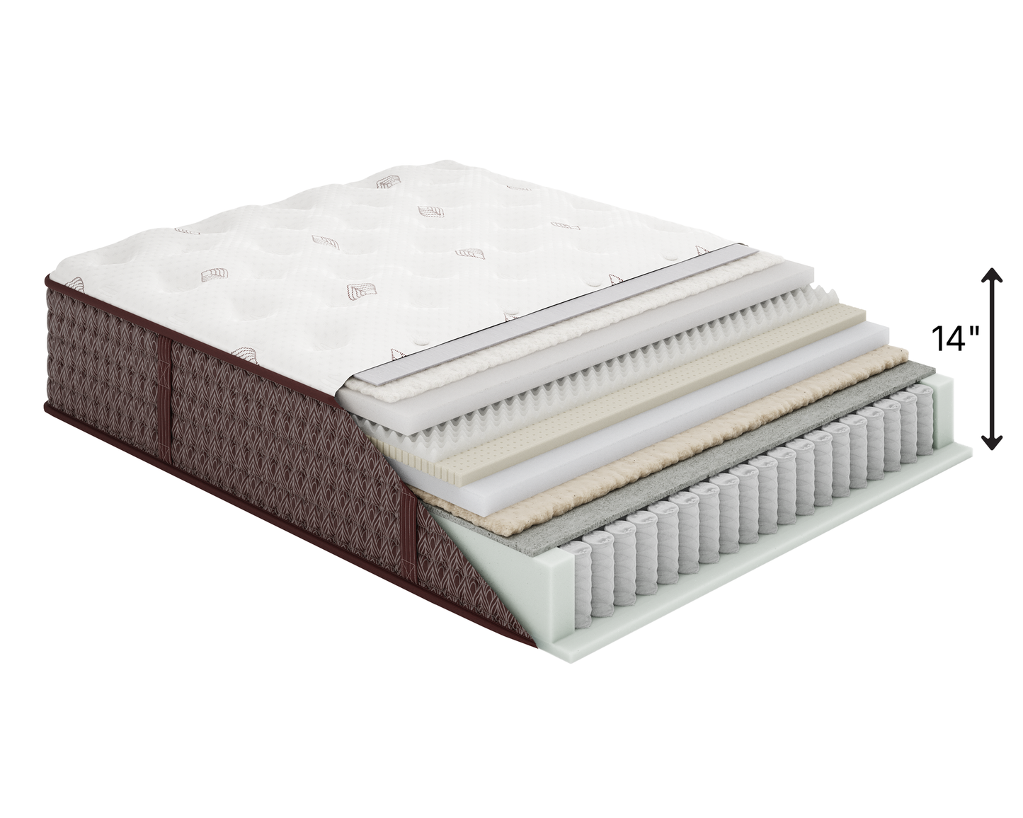 A cross-section view of a 14-inch tall Aireloom Streamline Luxury Firm Mattress showing its layered construction, including a white tufted top, red quilted sides, and multiple layers of white and beige layers and spring coils, on a white background.