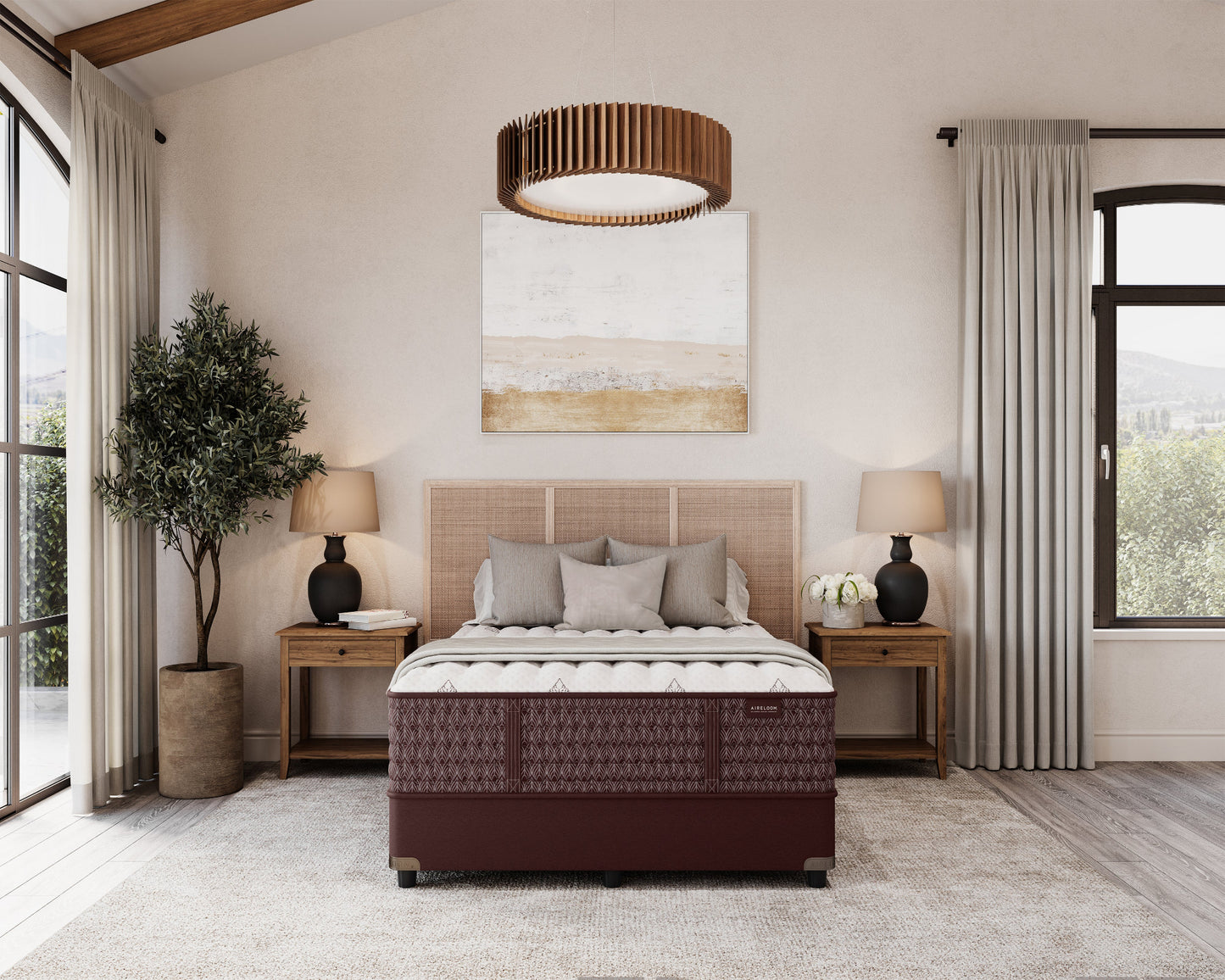 Bedroom with Aireloom Vintage Reverie Extra Firm Tight Top Mattress in the center, nightstands, lamps, and decor.