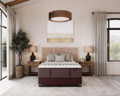 Bedroom with Aireloom Vintage Reverie Extra Firm Tight Top Mattress in the center, nightstands, lamps, and decor.