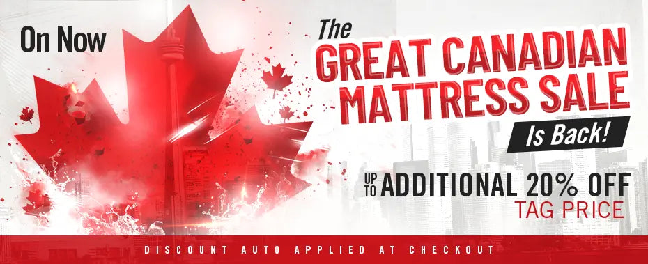 Promotional banner for the Great Canadian Mattress Sale, offering up to 20% off tag prices with a striking Canadian theme.