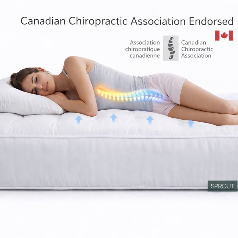 Woman lying on a Sprout  mattress with a Canadian Chiropractic Association endorsement label.