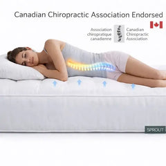 Woman lying on a Sprout  mattress with a Canadian Chiropractic Association endorsement label.