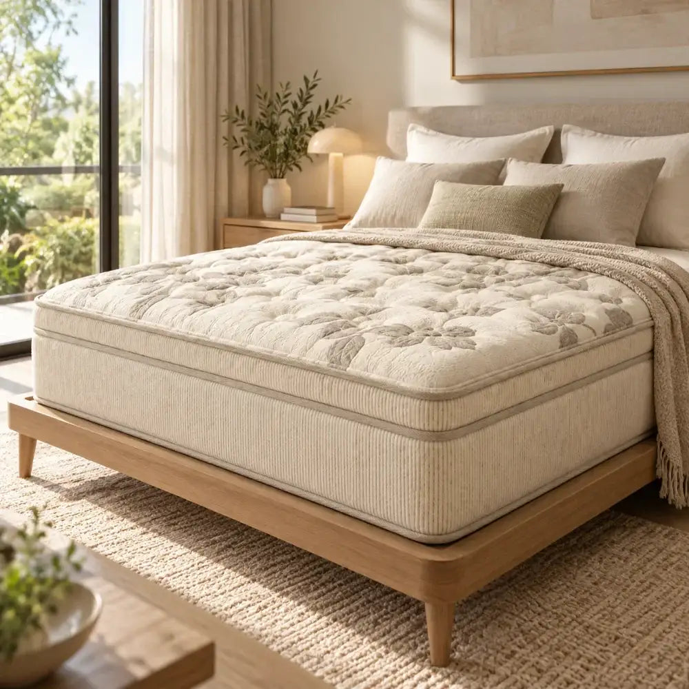 A neatly made bed with a tufted cream mattress and matching pillows in a softly lit bedroom. The bed has a light wood frame and sits on a woven rug, with a window, curtains, and bedside table visible in the background.