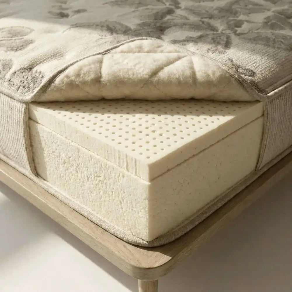 Eco Haven Mattress cut away. Showing latex core and latex layer on top with a zipper organic cotton cover.