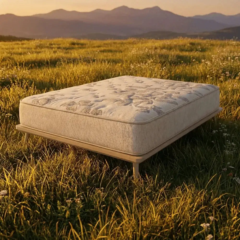 Natura Eco Haven Firm mattress on a wooden platform in a sunlit meadow.