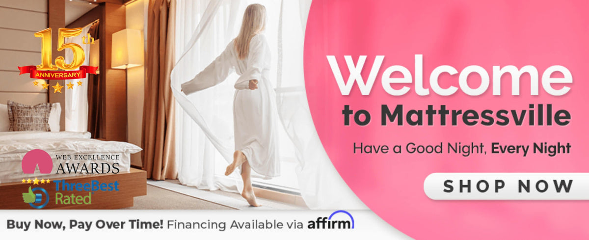 woman looking out the window of her bedroom, text reading welcome to mattressville, have a good night every night! with a shop now button and some award badges