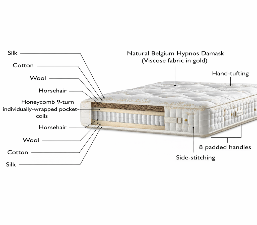 Hypnos Empress Royal Series mattress cutaway with natural silk, wool, horsehair layers and pocket coils.