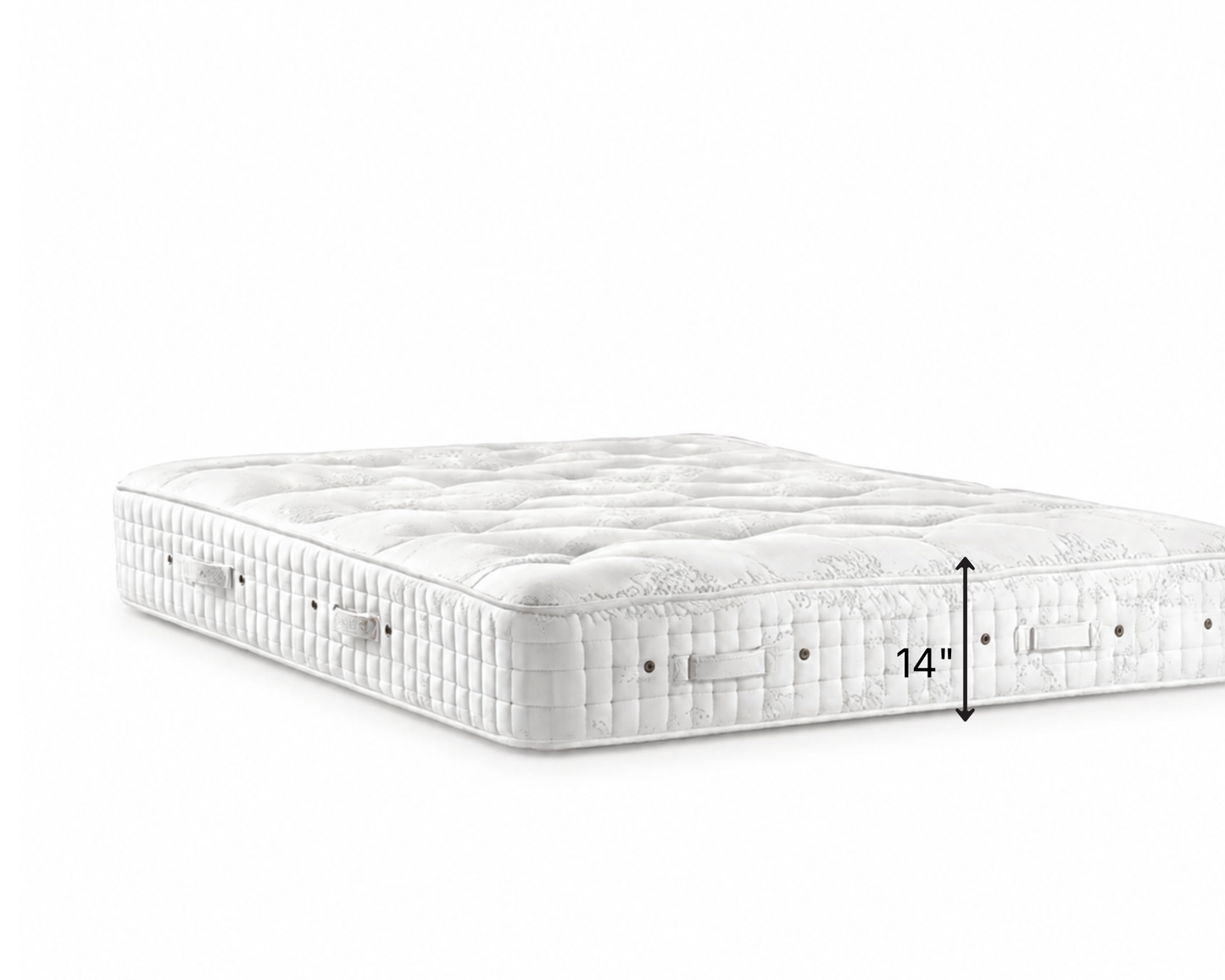 Hypnos Viceroy Sovereign tufted mattress shown at an angle on a clean white background, with a black dimension arrow and text indicating a height of 14 inches.