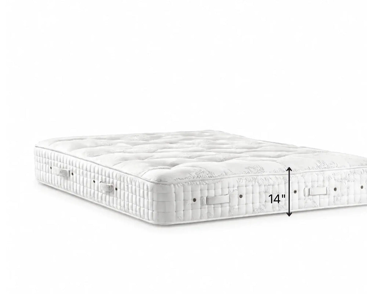 Hypnos Viceroy Sovereign tufted mattress shown at an angle on a clean white background, with a black dimension arrow and text indicating a height of 14 inches.