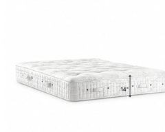 Hypnos Viceroy Sovereign tufted mattress shown at an angle on a clean white background, with a black dimension arrow and text indicating a height of 14 inches.