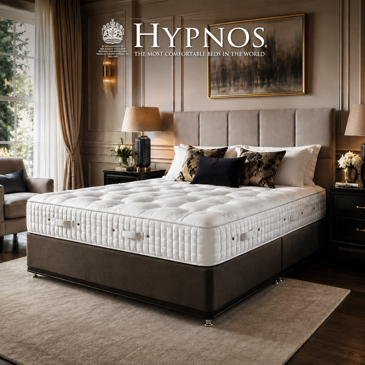 A luxury Hypnos Viceroy Sovereign Series mattress in a dark brown box spring, styled in a high-end, warm-toned bedroom with a tufted headboard, bedside tables, and a large framed painting on the wall.