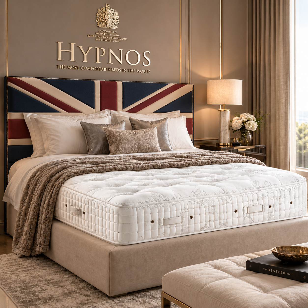 A luxury Hypnos Viceroy mattress shown in a fully styled bedroom setting with a headboard featuring a British Flag design, beige pillows, a textured throw blanket, and a matching beige footboard.