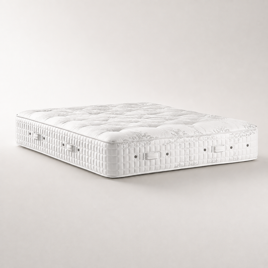 Hypnos Viceroy Sovereign two sided tufted premium mattress shown at an angle on a clean, light beige studio background.