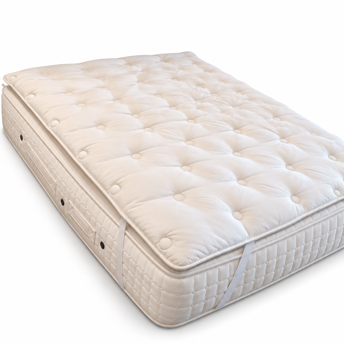 Hypnos Wool Silk Cotton mattress topper shown at an angle on a mattress.