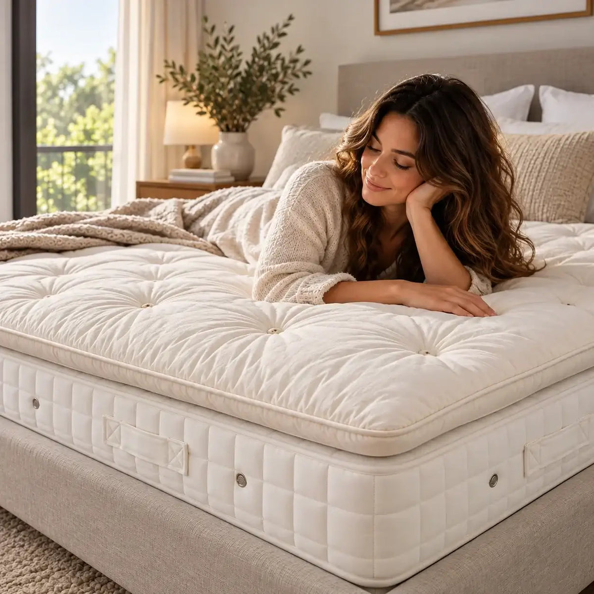 A woman in a cream knit robe lies on a sprout alpaca tufted mattress topper on a bed in a softly lit bedroom. Hypnos Mattress has a light beige side panel, with neutral bedding and a bedside lamp in the background.