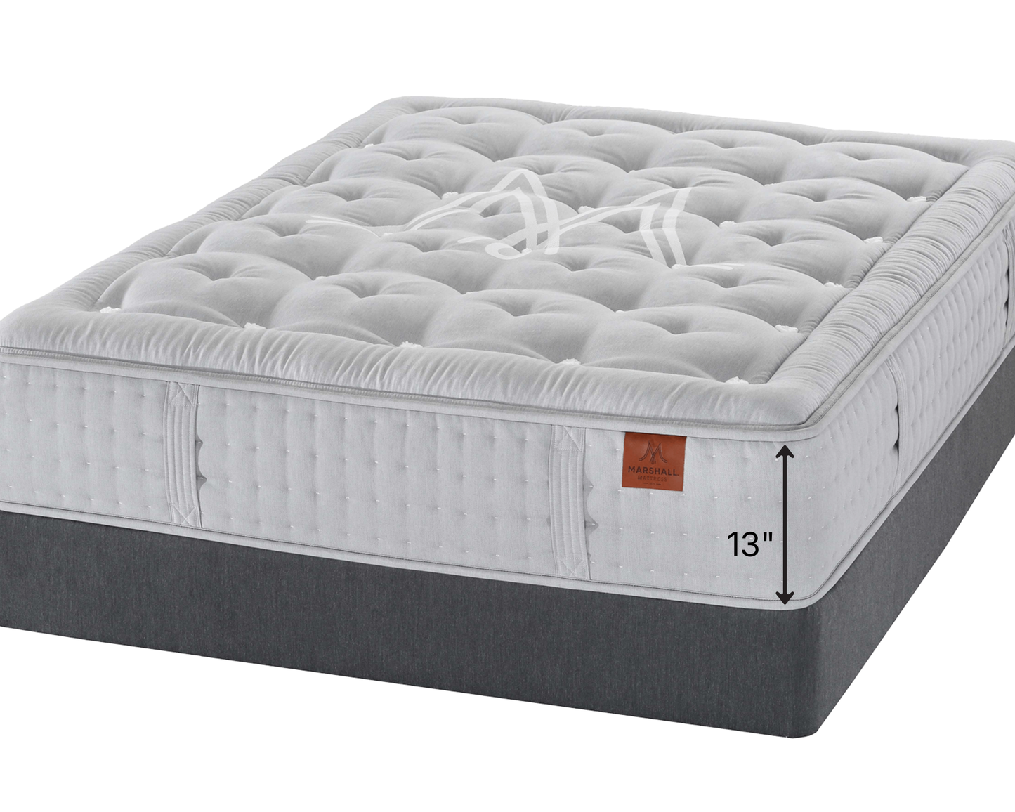 Marshall Hudson mattress with a white quilted top and side, a dark gray upholstered base, and a small brown leather brand tag. A white arrow graphic indicates a height of 13 inches against a plain white background.
