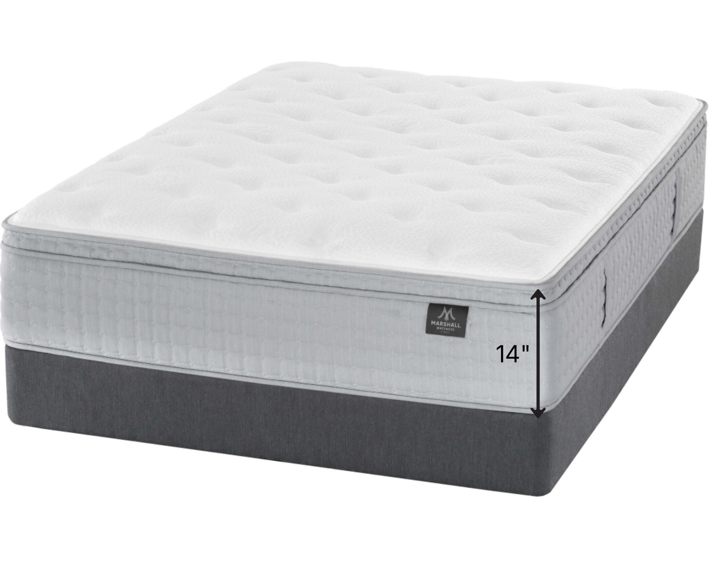 A Marshall Louise mattress shown at an angle on a plain white background, with a tufted white top, gray side panel, and dark gray base. A small side label reads 14 inches, and a small logo badge is visible on the front.