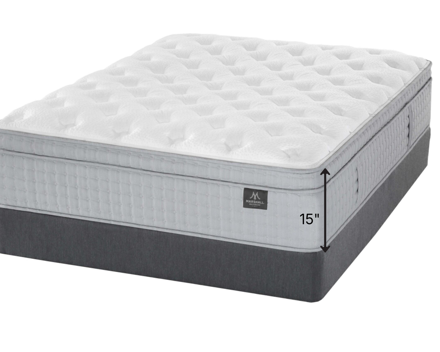 A Marshall Niagara mattress shown at an angle on a plain white background, with a 15-inch height dimension marker on the side. The mattress has a white quilted top, a light gray quilted side panel, and a dark gray base.