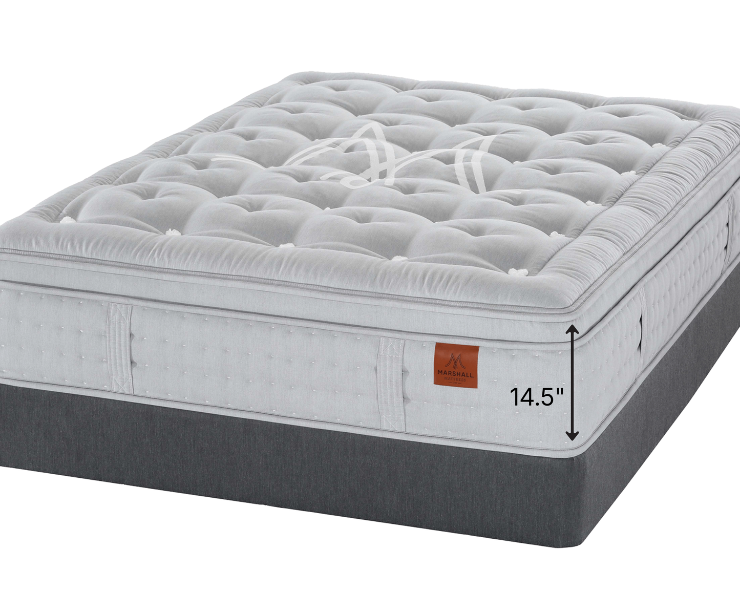 Marshall St. Lawrence mattress shown at an angle on a white background, with a dark gray upholstered base and a small orange label on the side. Black dimension arrows and the text '14.