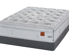 Marshall St. Lawrence mattress shown at an angle on a white background, with a dark gray upholstered base and a small orange label on the side. Black dimension arrows and the text '14.
