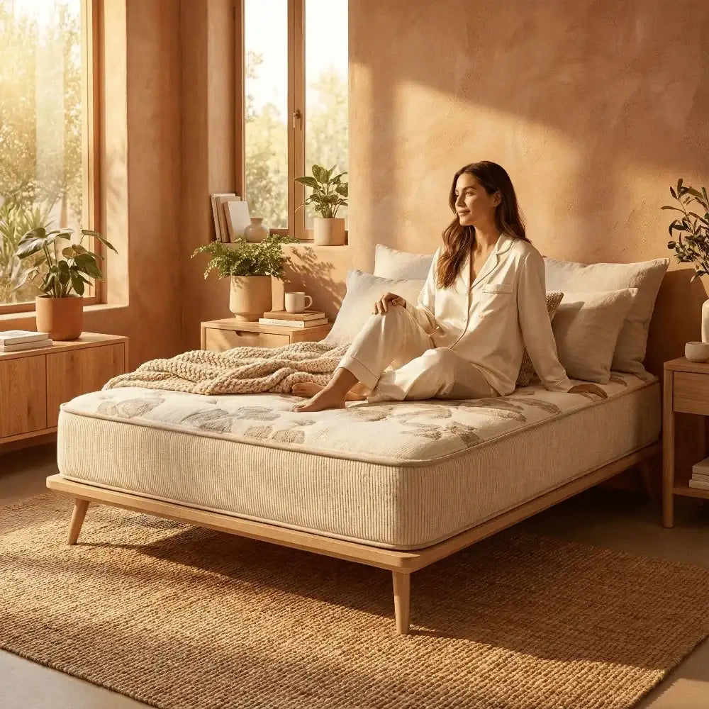Woman sitting on a natura eco haven mattress in a bright bedroom with natural light.