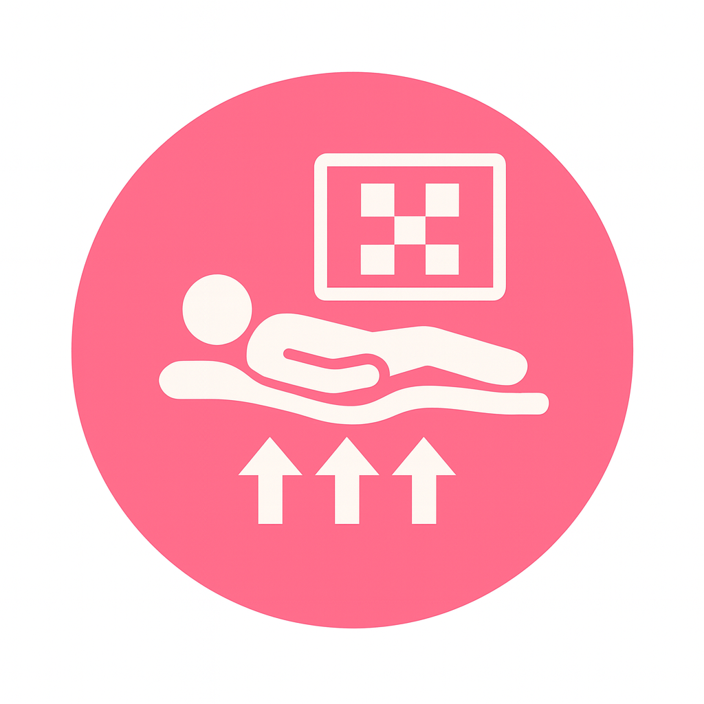 Pressure Mapping Icon: a person lying on a bed with a checkered pattern above, on a pink circle background.-image