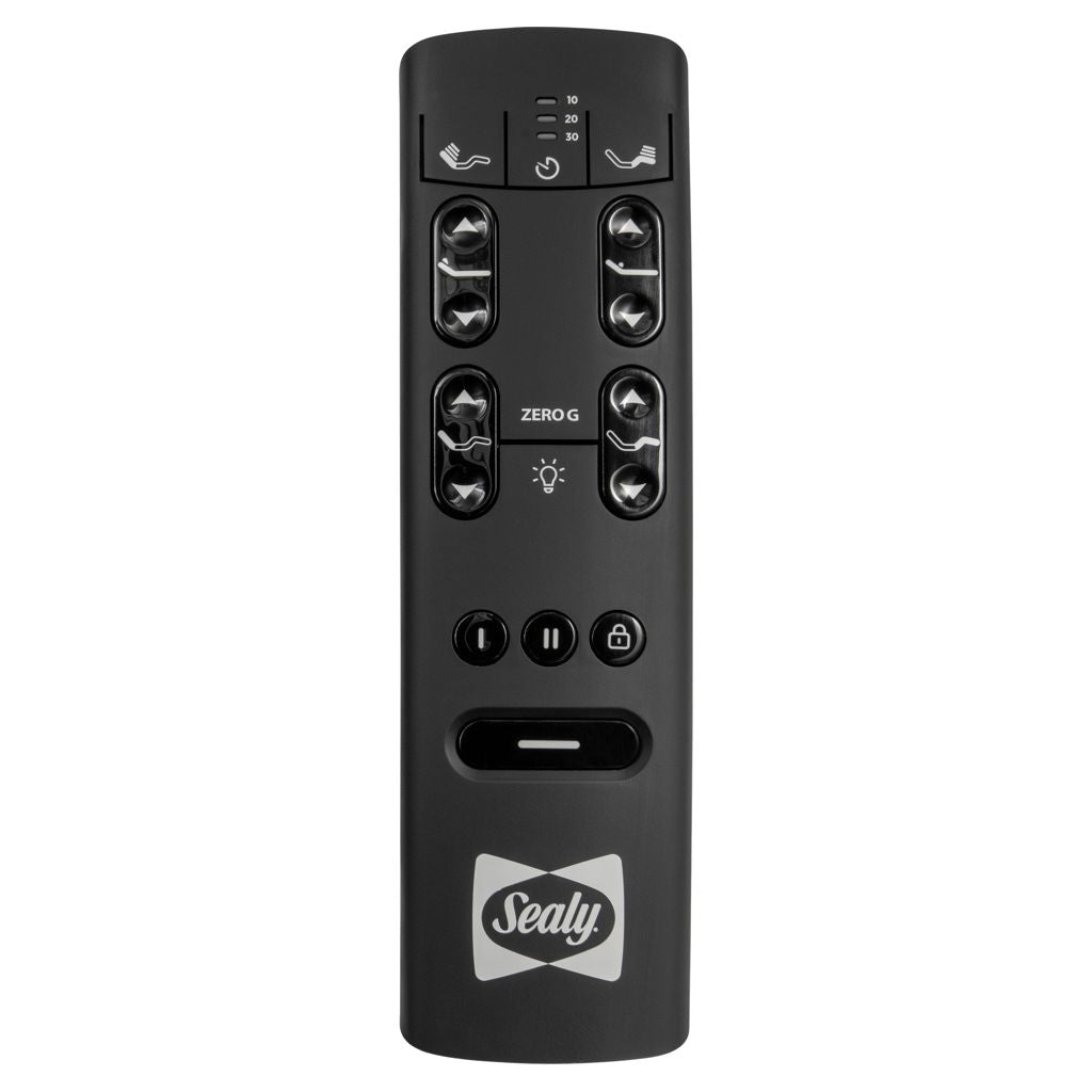 Sealy Reflexion Ultra Black remote control with Sealy logo on a white background