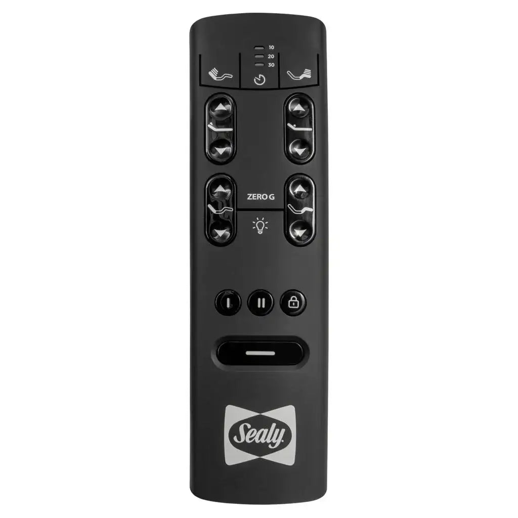Sealy Reflexion Ultra Black remote control with Sealy logo on a white background