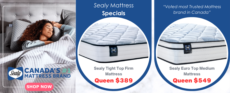 Sealy mattress sale banner showing a woman sleeping on a Sealy mattress with text 'Canada's #1 Mattress Brand' and a 'Shop Now' button. Two mattresses are highlighted with prices: Sealy Tight Top Firm Mattress at Queen $389 and Sealy Euro Top Medium Mattress at Queen $549, along with the quote 'Voted most Trusted Mattress brand in Canada.