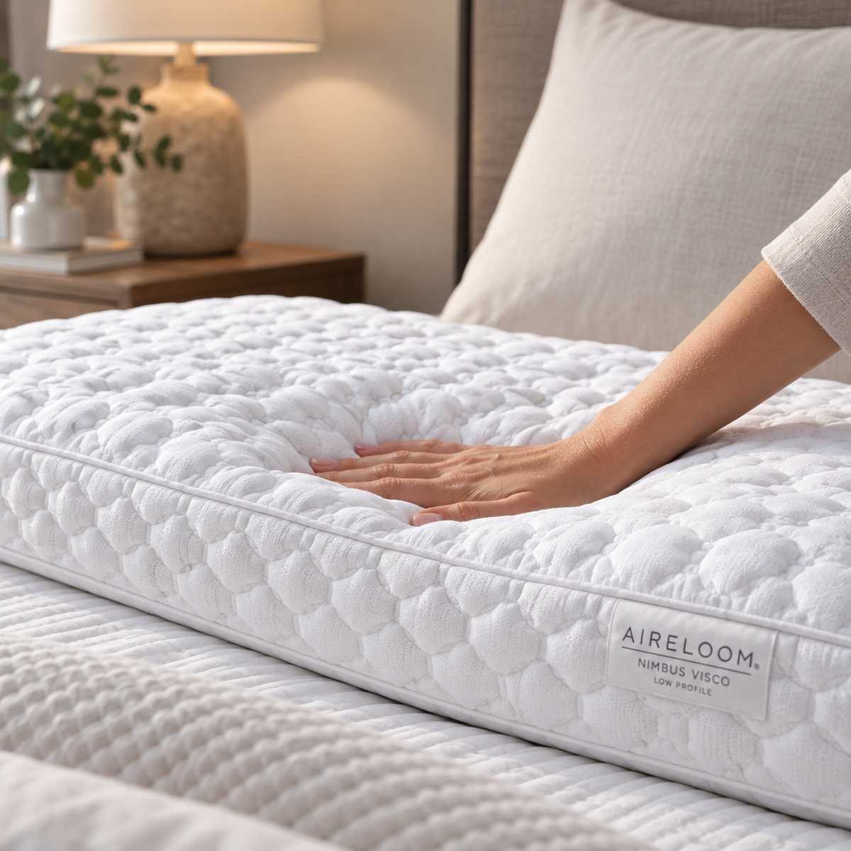 Hand pressing the Aireloom Nimbus Visco Foam Pillow to show its softness.