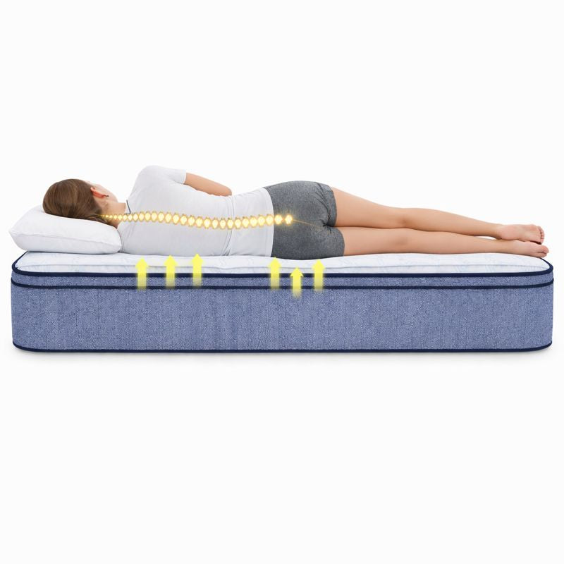 Woman sleeping on her side on a Spinecare Euro Top mattress with illustrated spine alignment and targeted back, hip, and shoulder support