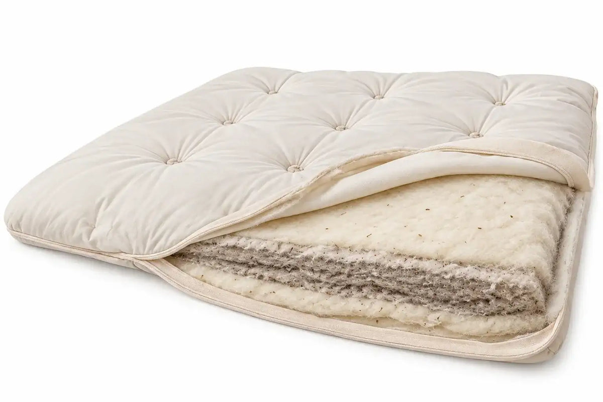 Sprout Alpaca Wool Mattress Topper cutaway showing alpaca wool between cotton layers.