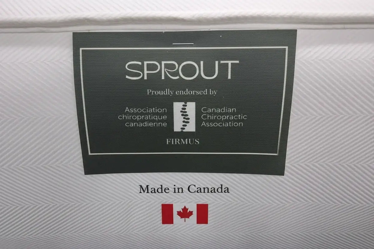 Sprout Firmus mattress label with Canadian Chiropractic Association endorsement.