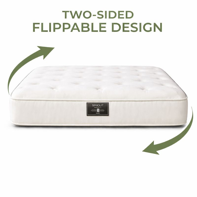 White mattress with 'Spacout' branding on a white background, highlighting a two-sided flippable design.