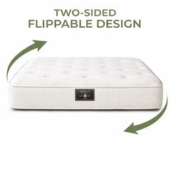 White mattress with 'Spacout' branding on a white background, highlighting a two-sided flippable design.
