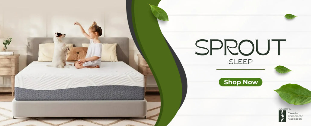 Child and dog playing on a bed in a bright room, highlighting joy and comfort. "SPROUT SLEEP" text and a "Shop Now" button, with green leaves as accents.